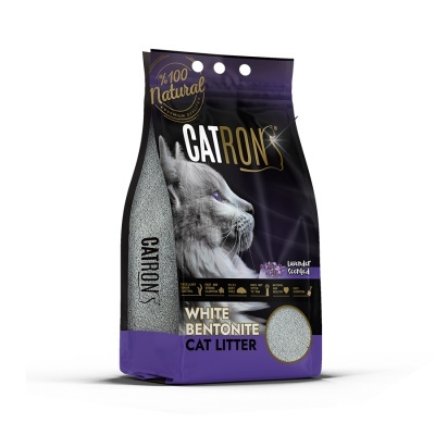 Saco de areia para gatos CATRON preto e roxo com imagem de gato cinzento e texto Lavender scented