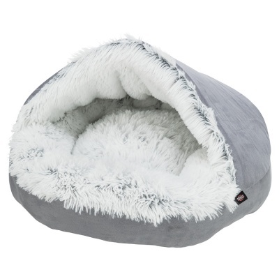 Cama para animais cinzenta com interior de pelo branco
