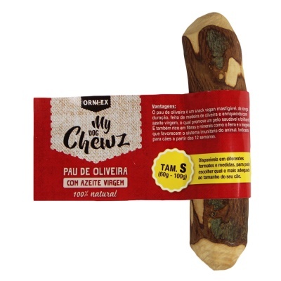 Pau de oliveira com azeite virgem, embalagem vermelha, produto para cães, tamanho pequeno.