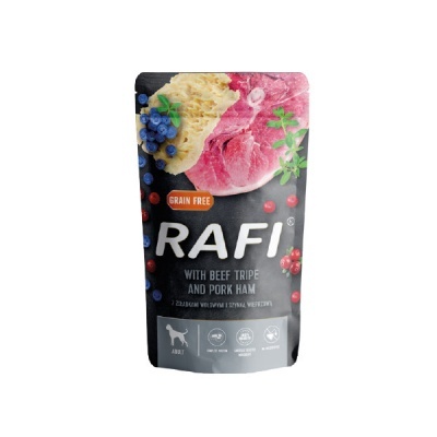 Embalagem preta de comida para cães RAFI com tripa de vaca e fiambre de porco