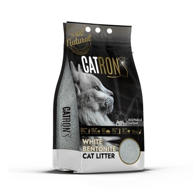 Saco preto e branco de areia CatRONS para gatos com imagem de gato e texto em inglês