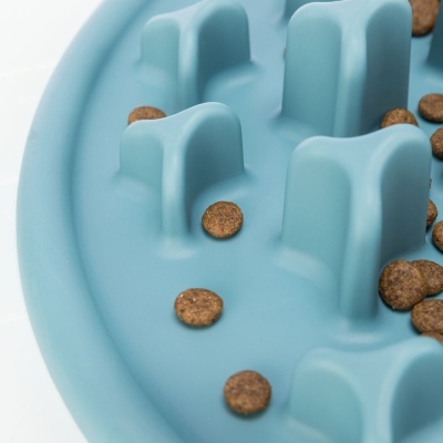 Prato alimentador lento azul claro com ração seca em fundo branco