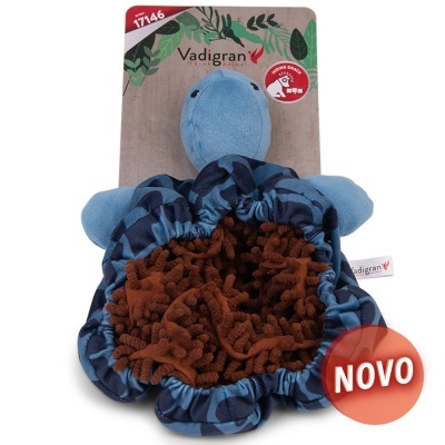 Brinquedo para animais em forma de tartaruga azul com padrão e interior castanho texturizado