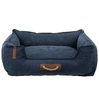 Cama para cães azul escura com alça de corda e etiqueta de couro