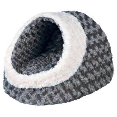 Abrigo para animais felpudo cinzento escuro com borda branca em formato de caverna