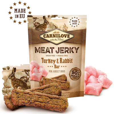 Embalagem de snack para cães Carnilove Meat Jerky Turkey & Rabbit Bar e barras de carne