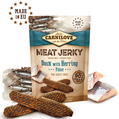 Pacote de snacks para cães Carnilove Meat Jerky sabor pato com arenque