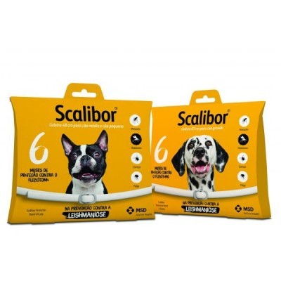Dois pacotes amarelos de coleiras para cães Scalibor com imagens de cães e informações sobre proteção contra parasitas