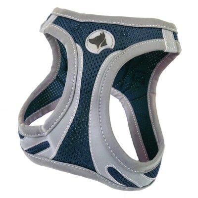 Peitoral para cão azul escuro e cinza com tecido de rede e velcro ajustável