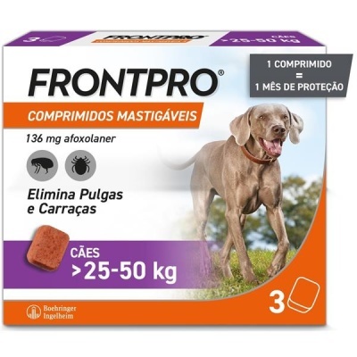 Embalagem de comprimidos FRONTPRO para cães 25-50 kg com imagem de cão castanho