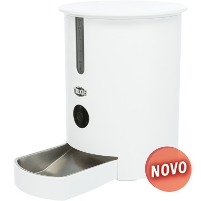Comedouro automático branco para animais com tabuleiro metálico e etiqueta NOVO