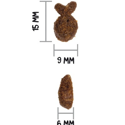 Ração seca castanha escura com formato irregular e medidas indicadas