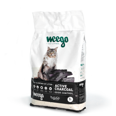 Saco de areia para gatos Weego Active Charcoal Odor Control com imagem de gato e carvão.
