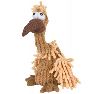 Pelúcia castanha e bege de ave com olhos grandes e bico largo