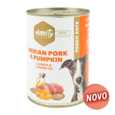Lata de comida para cães Amity Iberian Pork & Pumpkin com selo NOVO
