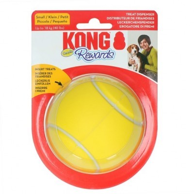 Dispensador de petiscos KONG Rewards amarelo na embalagem vermelha e branca com texto e imagem de mulher com cão