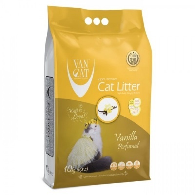 Saco amarelo e branco de areia para gatos Van Cat com imagem de gato e texto sobre perfume baunilha.