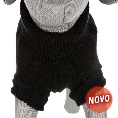 Roupa preta de malha para cão com gola alta e etiqueta 'NOVO'.