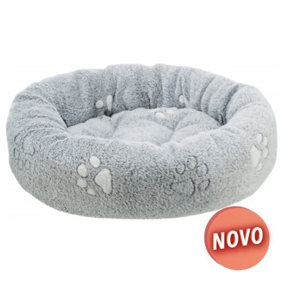 Cama redonda cinza felpuda para animais com pegadas e etiqueta NOVO