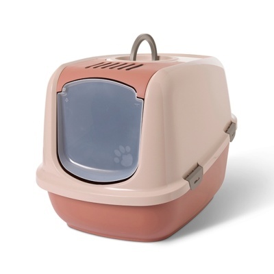 Sanita para gato em plástico bege e terracota com porta azul e desenho de pata