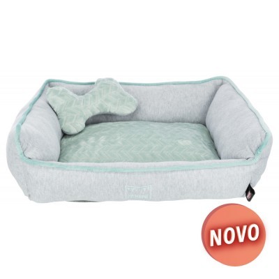 Cama para animais de estimação cinzenta e verde com almofada em forma de osso e selo NOVO