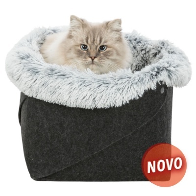 cama cinza para gato com interior felpudo cinza claro e gato de pelagem clara deitado