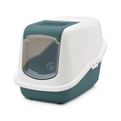 Caixa sanitária para gato branca e azul com porta basculante