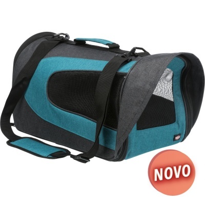 Bolsa de transporte azul e cinza para animais com malha preta e alça ajustável.