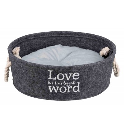 Cama redonda cinzenta para animais com almofada azul e texto bordado