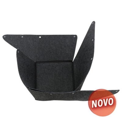 Cesto organizador preto em tecido com abas abertas e selo NOVO