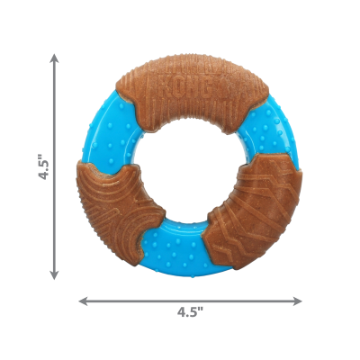 Anel brinquedo para cães azul e castanho com textura e a palavra KONG