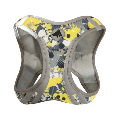 Peitoral para cão amarelo, cinza e preto com padrão camuflado