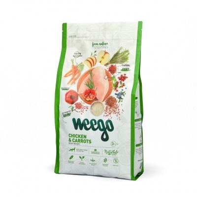 Embalagem de ração para cães Weego Chicken & Carrots com ilustrações de ingredientes naturais