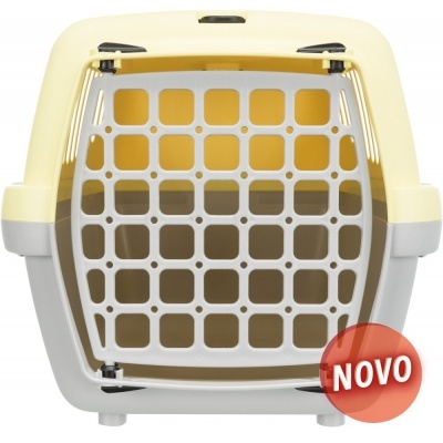 Transportadora de animais amarela e cinza com porta branca e selo 