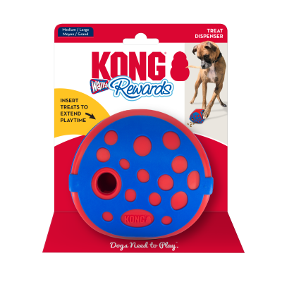 Dispensador de guloseimas KONG Wobbler Rewards azul e vermelho para cães