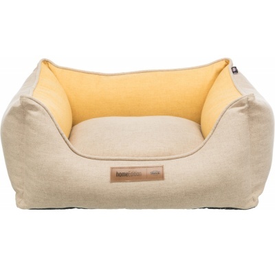 Cama para animais de estimação em tecido amarelo e bege com interior acolchoado