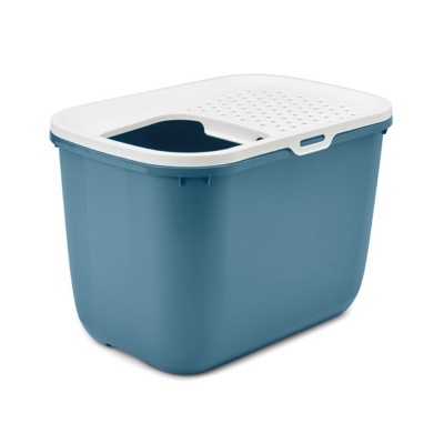 Caixa de plástico azul com tampa branca e abertura retangular