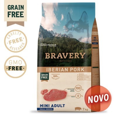Pacote de ração para cães Bravery Iberian Pork Mini Adult 7kg com selo novo e texto grain free.