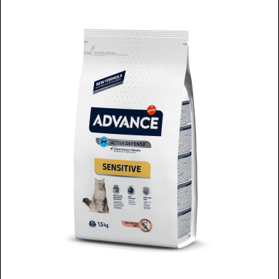 Saco de ração Advance Sensitive para gatos 1,5 kg, embalagem branca com detalhes em azul e dourado