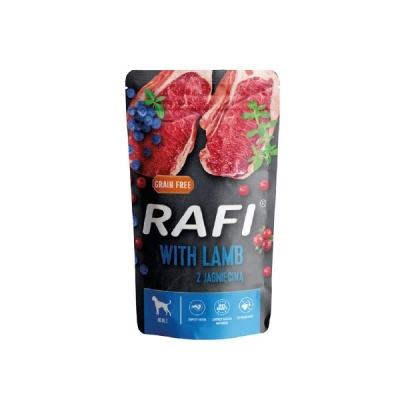 Embalagem preta de comida para cães com carne de cordeiro e frutas vermelhas