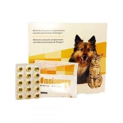 Suplemento Omega 3 para cães e gatos em cápsulas douradas, embalagem branca e amarela