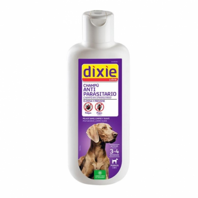 Frasco branco de champô anti parasitário para cães Dixie com rótulo roxo e amarelo.