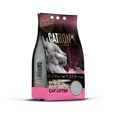 Saco de areia para gato CATRON, cor rosa e preto com imagem de gato