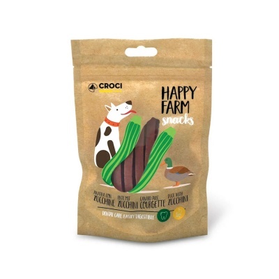 Embalagem de snacks para cães Happy Farm da Croci com ilustrações de cão e abobrinha