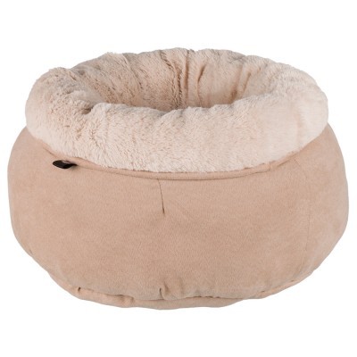 Cama redonda bege para animais com interior peludo creme