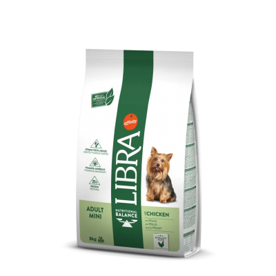 Saco de ração LIBRA Adult Mini Chicken para cães 8kg com design verde e branco e imagem de cão