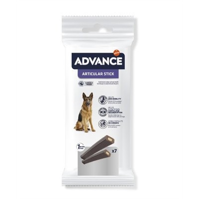 Pacote branco de snacks para cães Advance Articular Stick com imagem de pastor alemão e sticks