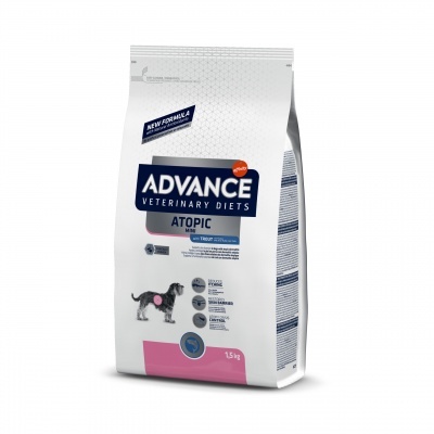 Saco branco de alimento para cães Advance Veterinary Diets Atopic com detalhes azuis e rosa