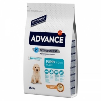 Saco branco de ração para cachorros Advance Puppy Maxi 3kg com imagem de cachorro e texto azul e laranja