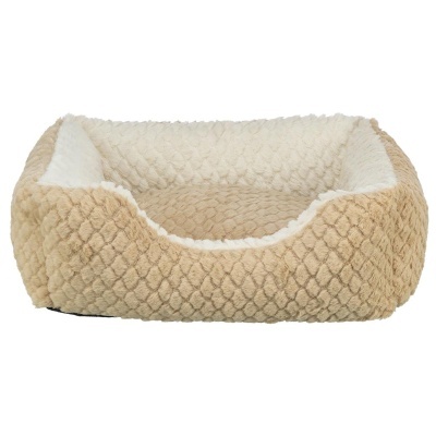 Cama para animais felpuda bege com interior branco e padrão acolchoado